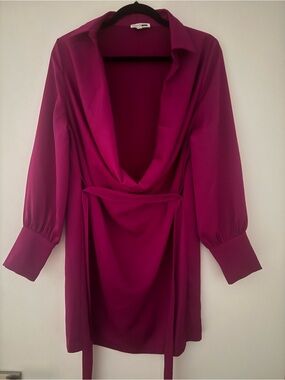 Fashion Nova Long Sleeve Draped Deep V Mini Dress in Magenta